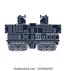 Flat monochrome silhouette vector icon elements aerospace program tractor platform for rocket launch. Cartoon retro style, scientific research. Spaceship technology. Cosmodrome start preparation.