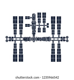 Flat monochrome silhouette vector icon element of aerospace program satellite space station. Cartoon style, astronaut adventure. Illustration and element for design. Space investigations. Galaxy. Logo
