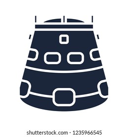 Flat monochrome silhouette vector icon element of aerospace program landing rescue capsule. Cartoon style rocket, astronaut adventure. Illustration and element for design. Space investigations. Galaxy