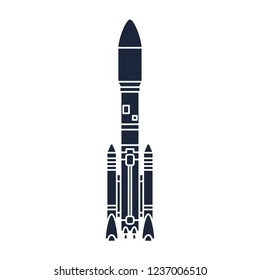 Flat monochrome silhouette vector icon elements of aerospace program multistage rocket. Cartoon style rocket, astronaut adventure. Illustration and element for design. Space investigations. Galaxy.