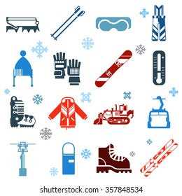 Flat monochrome skiing icons set of ski and snowboard outfit with ski lift and snow removal equipment on white background with snowflakes isolated vector illustration