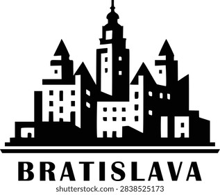 Flat monochrome vector illustration of Bratislava skyline highlighting Bratislava Castle and the unique UFO Bridge. Designed with bold filled shapes and minimal geometry, this clean and modern icon is perfect for travel branding, posters, and digital media. Scalable EPS vector with professional quality.