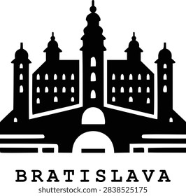 Flat monochrome vector illustration of Bratislava skyline highlighting Bratislava Castle and the unique UFO Bridge. Designed with bold filled shapes and minimal geometry, this clean and modern icon is perfect for travel branding, posters, and digital media. Scalable EPS vector with professional quality.