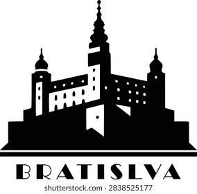 Flat monochrome vector illustration of Bratislava skyline highlighting Bratislava Castle and the unique UFO Bridge. Designed with bold filled shapes and minimal geometry, this clean and modern icon is perfect for travel branding, posters, and digital media. Scalable EPS vector with professional quality.