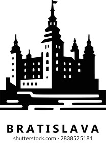 Flat monochrome vector illustration of Bratislava skyline highlighting Bratislava Castle and the unique UFO Bridge. Designed with bold filled shapes and minimal geometry, this clean and modern icon is perfect for travel branding, posters, and digital media. Scalable EPS vector with professional quality.