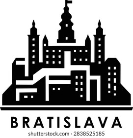 Flat monochrome vector illustration of Bratislava skyline highlighting Bratislava Castle and the unique UFO Bridge. Designed with bold filled shapes and minimal geometry, this clean and modern icon is perfect for travel branding, posters, and digital media. Scalable EPS vector with professional quality.