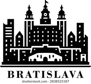 Flat monochrome vector illustration of Bratislava skyline highlighting Bratislava Castle and the unique UFO Bridge. Designed with bold filled shapes and minimal geometry, this clean and modern icon is perfect for travel branding, posters, and digital media. Scalable EPS vector with professional quality.