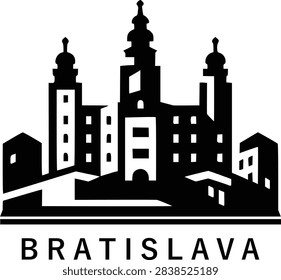 Flat monochrome vector illustration of Bratislava skyline highlighting Bratislava Castle and the unique UFO Bridge. Designed with bold filled shapes and minimal geometry, this clean and modern icon is perfect for travel branding, posters, and digital media. Scalable EPS vector with professional quality.