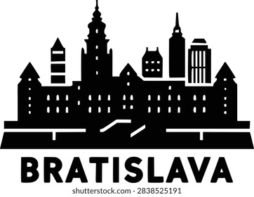 Flat monochrome vector illustration of Bratislava skyline highlighting Bratislava Castle and the unique UFO Bridge. Designed with bold filled shapes and minimal geometry, this clean and modern icon is perfect for travel branding, posters, and digital media. Scalable EPS vector with professional quality.