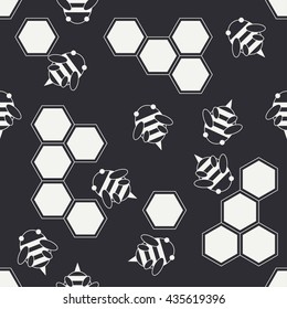 Flat monochrome vector seamless bee-keeping pattern. Wrapping paper bee-keeping pattern. Cute doodle pattern with bees and honeycombs. Vector illustration and element for design, wallpaper. Background. 