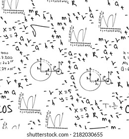 Flat monochrome vector seamless mathematical motif pattern. Cute doodle with algebraic expressions and symbols. Vector illustration , element for design. On a white background. Science. Knowledge.