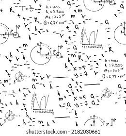 Patrón de motivos matemáticos sin fisuras monocromático plano. Cuto doodle con expresiones algebraicas y símbolos. Ilustración vectorial , elemento para el diseño. Sobre un fondo blanco. Ciencia. Conocimiento.
