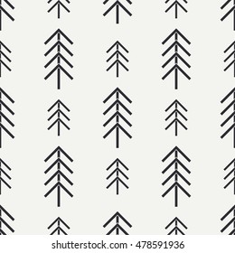Flat monochrome vector seamless nordic motif pattern. Fabric textile ethnic elements. Cute doodle with coniferous forest. Vector illustration and element for design, wallpaper. Folkloric symbols.