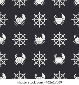 Flat monochrome vector seamless pattern in marine style with steering wheel and crab silhouette. Fabric textile simple nautical pattern. Vector illustration and element for your design , wallpaper.