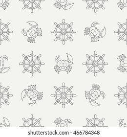 Flat monochrome vector seamless pattern in marine style with steering wheel, crab. Fabric textile sea pattern. Simple nautical pattern. Vector illustration and element for your design, wallpaper.