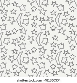 Flat monochrome vector seamless pattern with starry sky. Fabric textile. Cute doodle with crescent moon and stars. Vector illustration and element for design, wallpaper. Stellar distance. Curve.