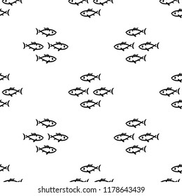 Flat monochrome vector seamless sea fish sketch pattern. Fabric textile summer pattern. Cute doodle pattern with underwater sea creatures. Vector illustration naive element for design and wallpaper.