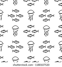 Flat monochrome vector seamless sea fish sketch pattern. Fabric textile summer pattern. Cute doodle pattern with underwater sea creatures. Vector illustration naive element for design and wallpaper.