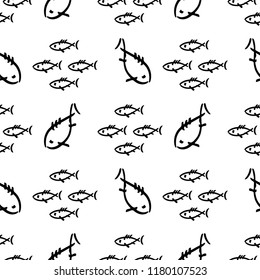 Flat monochrome vector seamless sea fish sketch pattern. Fabric textile summer pattern. Cute doodle pattern with underwater sea creatures. Vector illustration naive element for design and wallpaper.