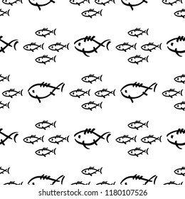 Flat monochrome vector seamless sea fish sketch pattern. Fabric textile summer pattern. Cute doodle pattern with underwater sea creatures. Vector illustration naive element for design and wallpaper.