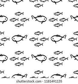 Flat monochrome vector seamless sea fish sketch pattern. Fabric textile summer pattern. Cute doodle pattern with underwater sea creatures. Vector illustration naive element for design and wallpaper.