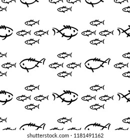 Flat monochrome vector seamless sea fish sketch pattern. Fabric textile summer pattern. Cute doodle pattern with underwater sea creatures. Vector illustration naive element for design and wallpaper.
