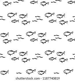 Flat monochrome vector seamless sea fish sketch pattern. Fabric textile summer pattern. Cute doodle pattern with underwater sea creatures. Vector illustration naive element for design and wallpaper.