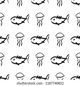 Flat monochrome vector seamless sea fish sketch pattern. Fabric textile summer pattern. Cute doodle pattern with underwater sea creatures. Vector illustration naive element for design and wallpaper.