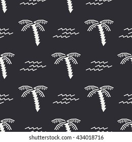 Flat monochrome vector seamless summer pattern. Wrapping paper summer pattern. Cute doodle summer pattern with palm tree and waves. Vector illustration and element for your design. Background. Summer.