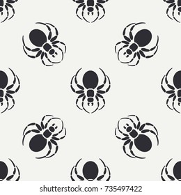 Flat monochrome vector seamless wildlife fauna pattern with black widow spider. Halloween. Cartoon style. Insect. Web. Entomology. Art. Nature. Predator. Illustration element for your design wallpaper