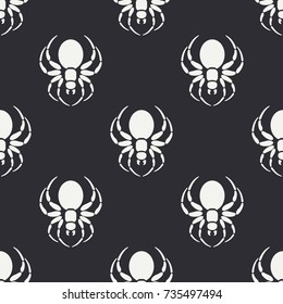 Flat monochrome vector seamless wildlife fauna pattern with black widow spider. Halloween. Cartoon style. Insect. Web. Entomology. Art. Nature. Predator. Illustration element for your design wallpaper