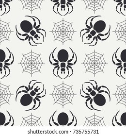 Flat monochrome vector seamless wildlife fauna pattern with black widow spider. Simplified. Cartoon style. Insect. Web. Entomology. Nature. Predator. Illustration, element for your design wallpaper.
