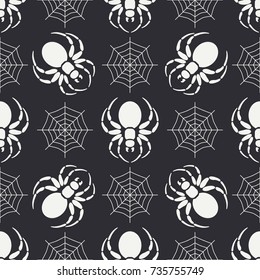 Flat monochrome vector seamless wildlife fauna pattern with black widow spider. Halloween. Cartoon style. Insect. Web. Entomology. Art. Nature. Predator. Illustration element for your design wallpaper