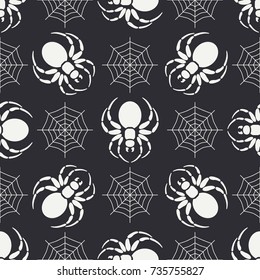 Flat monochrome vector seamless wildlife fauna pattern with black widow spider. Halloween. Cartoon style. Insect. Web. Entomology. Art. Nature. Predator. Illustration element for your design wallpaper
