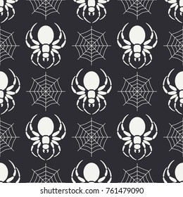 Flat monochrome vector seamless wildlife fauna pattern with black widow spider. Halloween. Cartoon style. Insect. Web. Entomology. Art. Nature. Predator. Illustration element for your design wallpaper