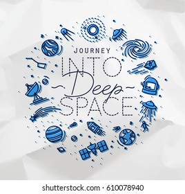 Flat monogram lettering journey into deep space drawing with black lines and color on crumpled background