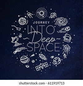 Flat monogram lettering journey into deep space drawing with white lines on blue background