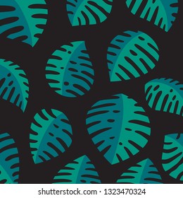 Flat monstera leaf pattern design on dark bacground