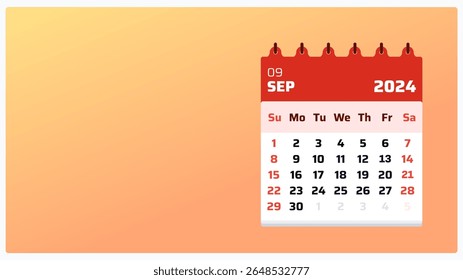Flat monthly layout for September 2024. Orange calendar landscape. September 2024 calendar. 2024 Weekend begins sunday. Design template for online post use. Vector illustration.