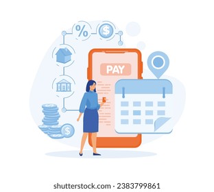 Flat monthly payments calendar. Woman with payment schedule pay money for interest rate, fees, principal and financial bills by month period. flat vector modern illustration