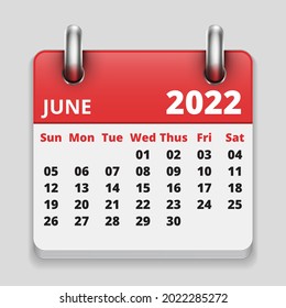 flat Monthly realistic calendar, June 2022 calendar icon date, in grey background vector image