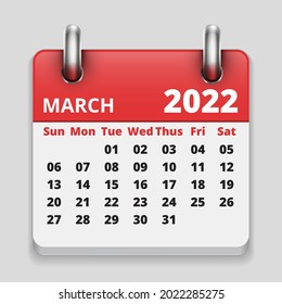 flat Monthly realistic calendar, March 2022 calendar icon date, in grey background vector image