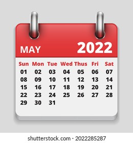 flat Monthly realistic calendar, May 2022 calendar icon date, in grey background vector image