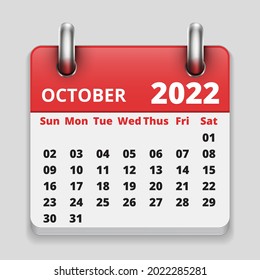 flat Monthly realistic calendar, October 2022 calendar icon date, in grey background vector image