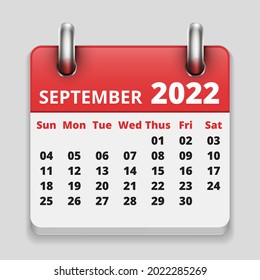 calendario mensual realista plano, fecha del icono del calendario de septiembre de 2022, en imagen vectorial de fondo gris