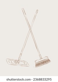 Dibujo plano de mopas y escobas de estilo gráfico sobre fondo beige