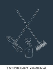Flat mop, broom and glass cleaner drawing in graphic style on blue background