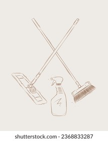Flat mop, broom and glass cleaner drawing in graphic style on beige background