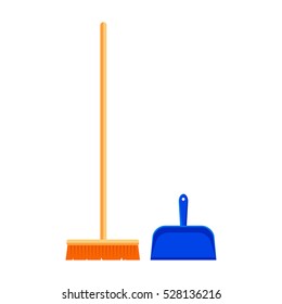 Flat mop and scoop icon logo isolated on white background. Floor clean object, household equipment tool. Cleaning service vector stock illustration.