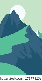 Flat Morning Mountain Landscape with Sun and Nature Illustration